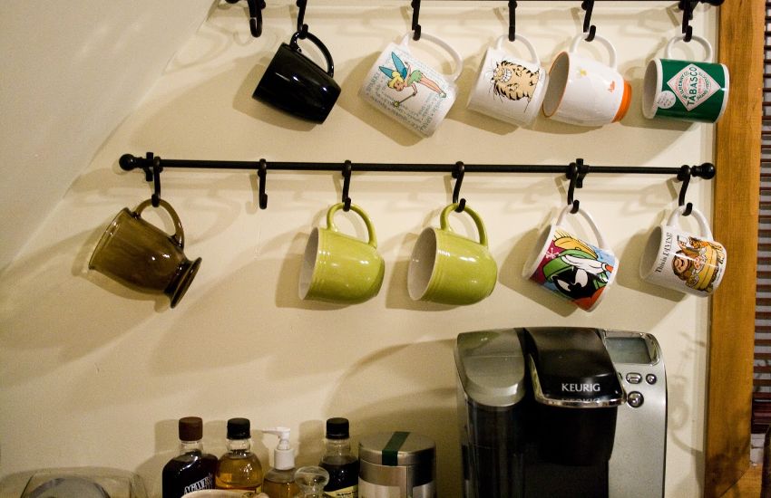 Hang Mugs Beneath Shelves By Using Hooks