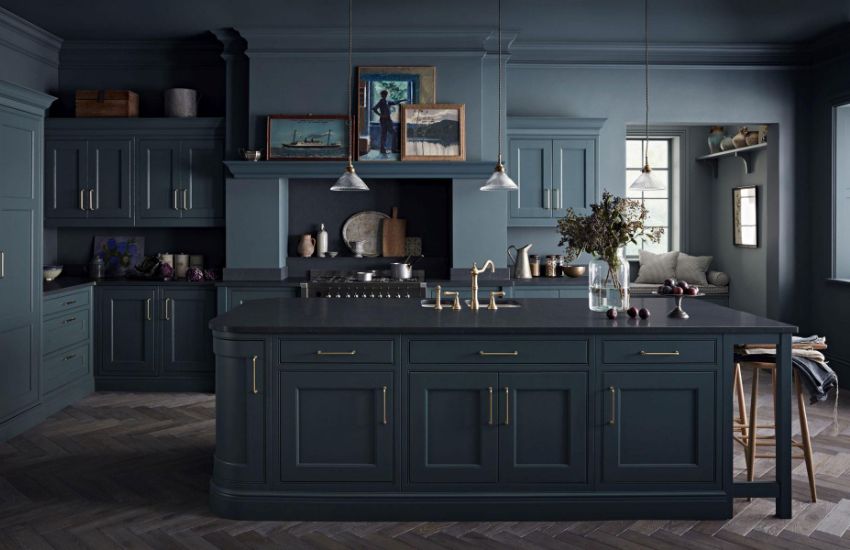 Style Cooking Space With Grey & Dark Blue Cabinets