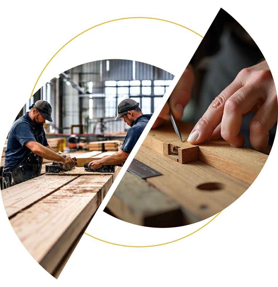 Skilled carpenters shaping wood joinery