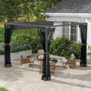 Pergola with Retractable Roof and Netting, Dark Grey