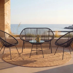 Garden set in woven resin 2 armchairs, a bench and a table Black