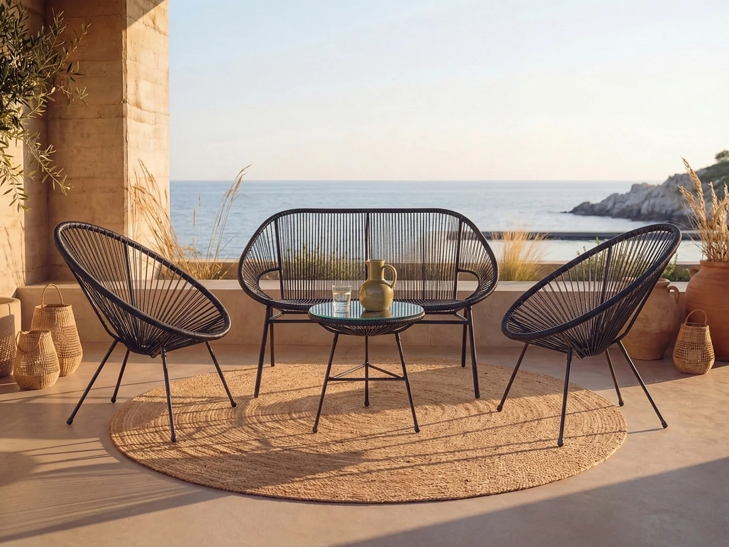 Garden set in woven resin 2 armchairs, a bench and a table Black
