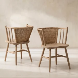 Grey Elm Wood Dining Chair with Curved Rattan Back