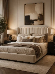 Custom Made Bed Dubai with Cream Upholstered Frame and Tall Headboard