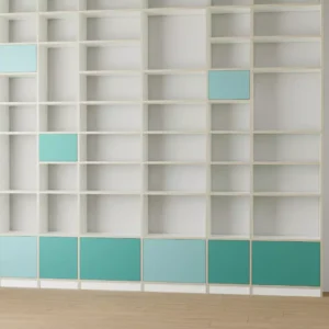Large bookshelf with colourful doors
