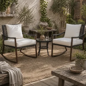 Madile 3 Piece Rattan Bistro Set Rocking Chairs with Round Glass Table