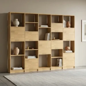 Modern bookcase with colourful doors