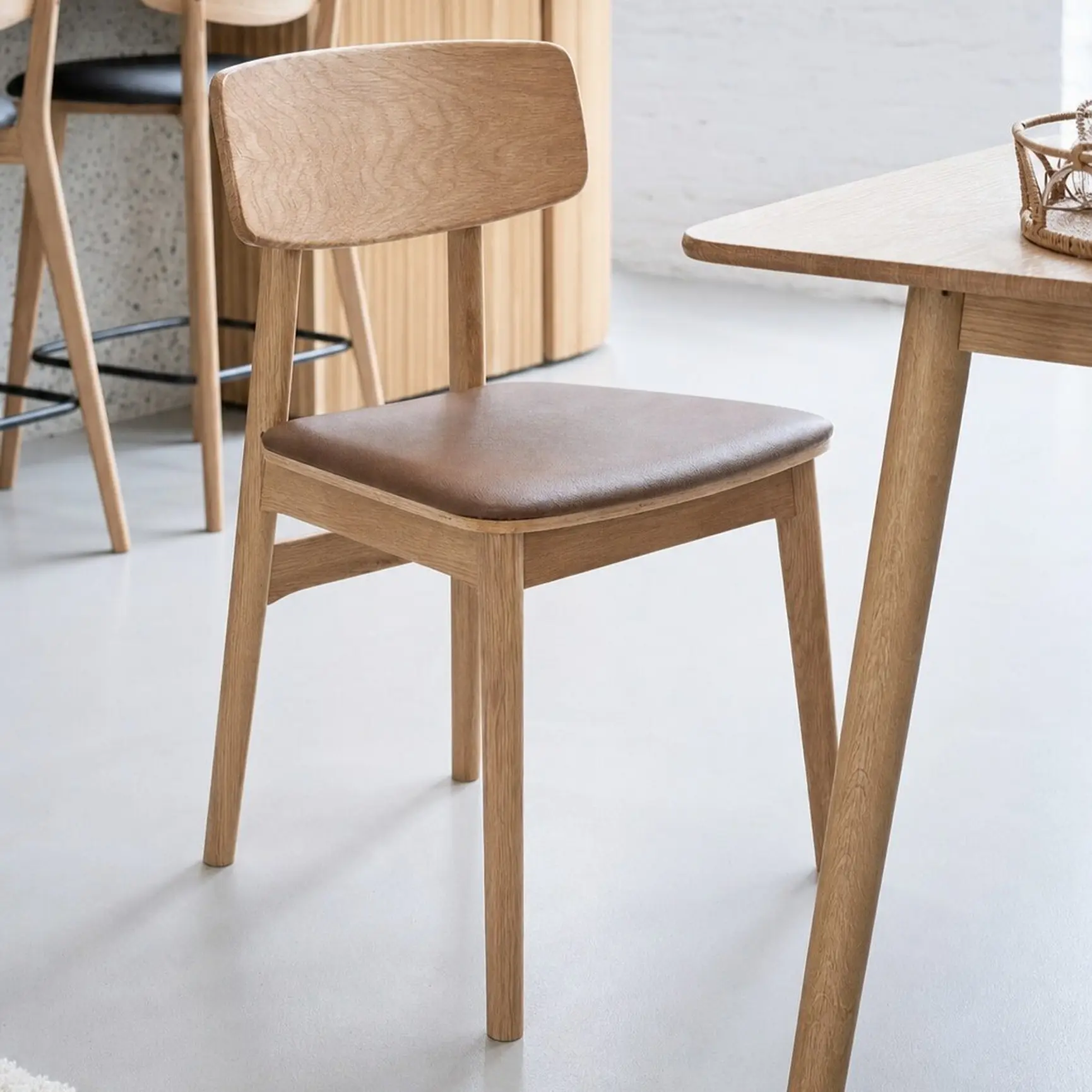 Natural Oak Dining Chair with Brown PU Seat - Image 3