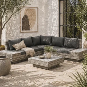 Vaneno Rattan Light Grey 5 Seater Modular Outdoor Corner Sofa with Coffee Table