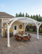 Arched Pergolas installed in gardens with curved timber frames and elegant outdoor designs