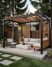 Freestanding Pergolas creating shaded areas with durable posts, beams, and elegant finishes