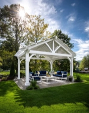 Gabled Pergolas designed for gardens with classic roof shapes and shaded seating areas