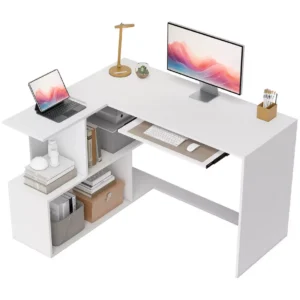HOMCOM Corner Desk with Keyboard Tray - White Wood Effect