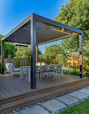 Louvered Pergolas creating shaded patios with controlled sunlight and elegant finishes