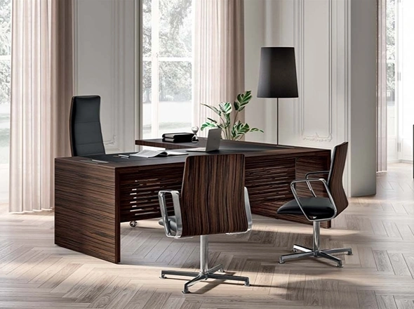 Office Furniture arranged in modern workspaces with desks, cabinets, and ergonomic seating