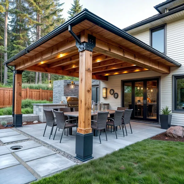 Pergola construction showing wooden beams assembled for gardens, patios, and terraces