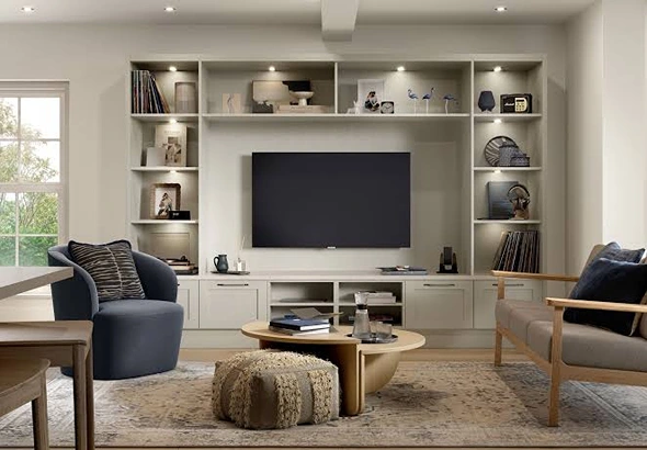 TV Units installed in modern living rooms with custom storage cabinets and elegant wood finishes