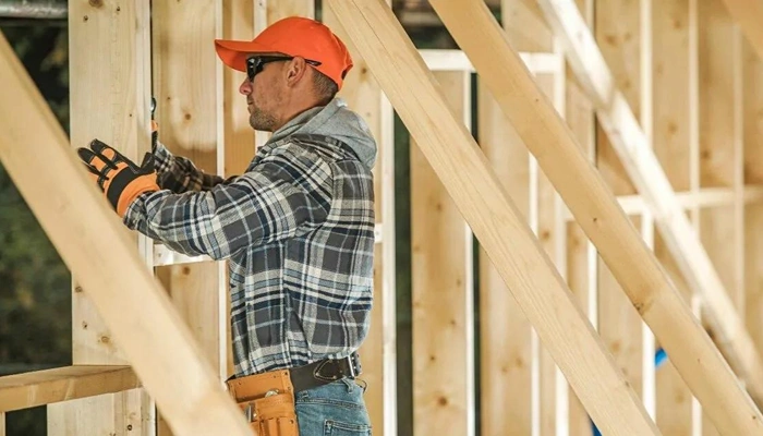 Wood Framing Construction installation with wooden beams positioned for wall and roof support