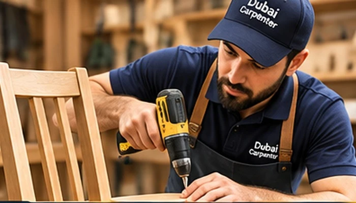 Professional carpenter repairing and restoring a wooden chair in Dubai