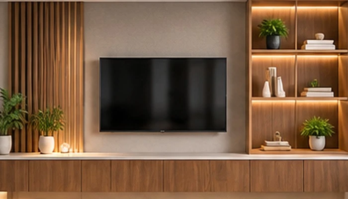 Bespoke wooden TV unit and shelving with custom joinery work in Dubai